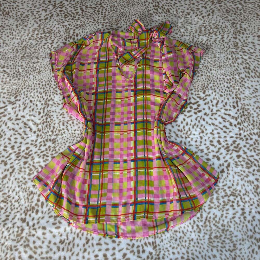 7th Avenue Design Studio New York & Company Plaid Tie Neck Blouse XL